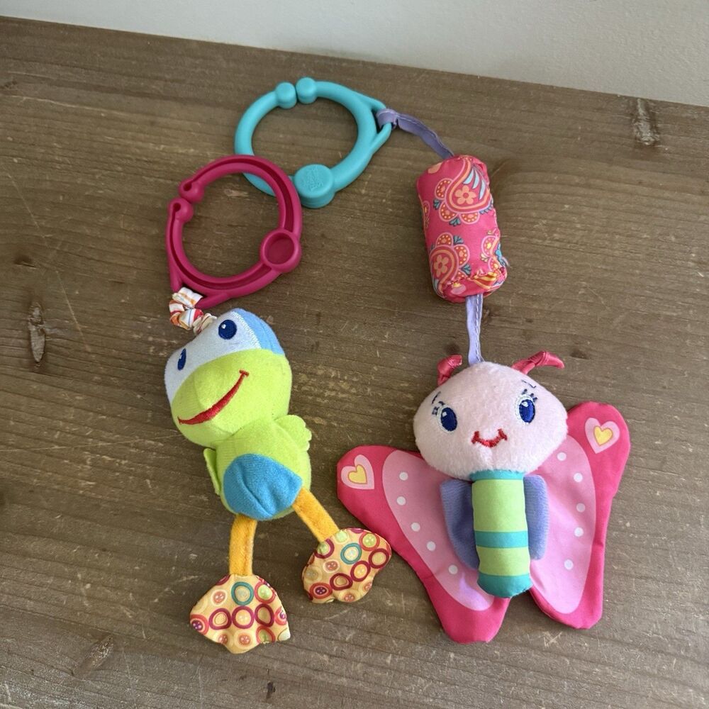 VTG Bright Starts Pink Butterfly & Frog Crinkle Sensory Plush Baby Stroller Toys